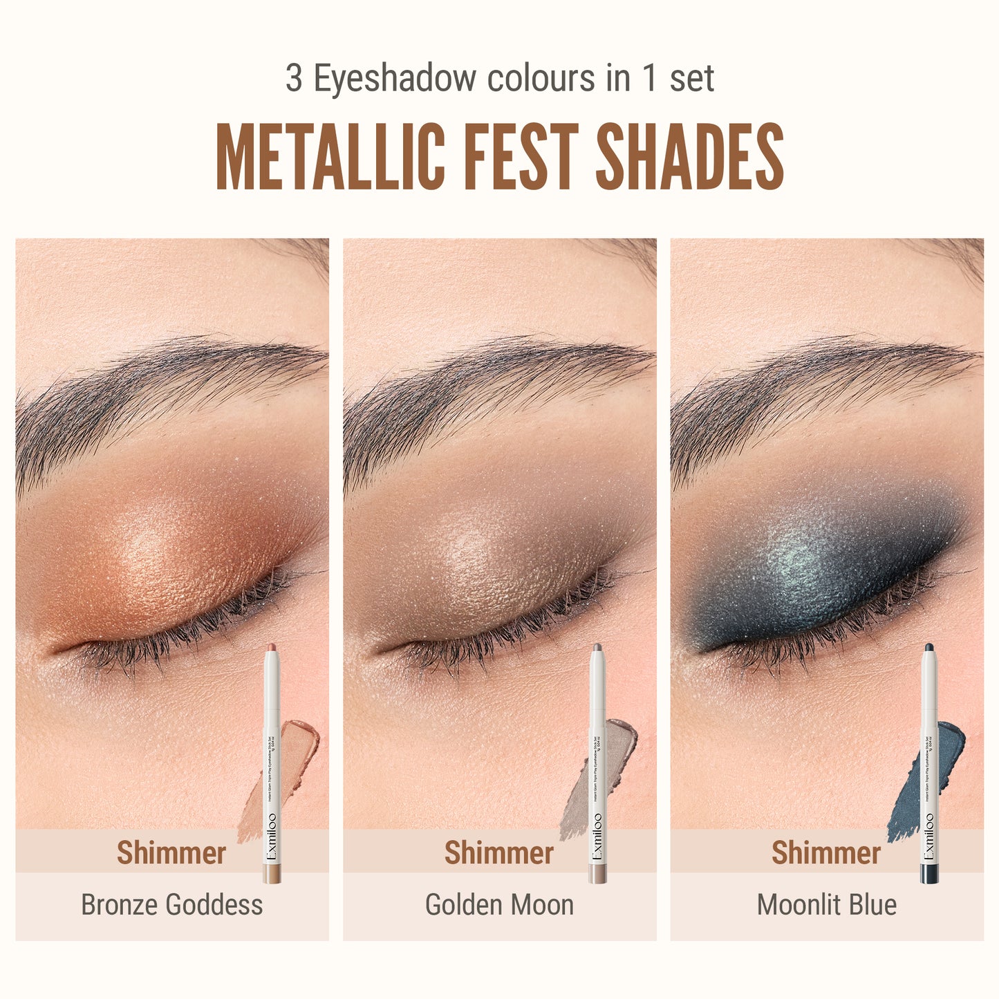 Exmiloo Cream Eyeshadow Stick Set, 3 Colors – Waterproof Long-Lasting Matte Shimmer Eye Shadow Sticks