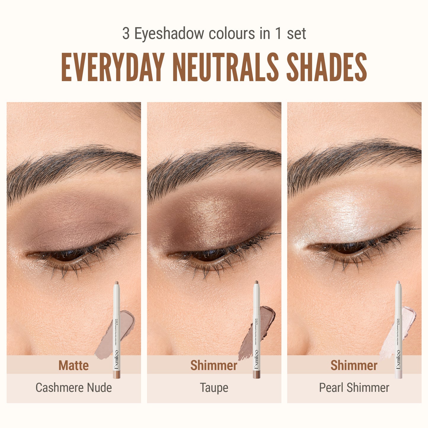 Exmiloo Cream Eyeshadow Stick Set, 3 Colors – Waterproof Long-Lasting Matte Shimmer Eye Shadow Sticks
