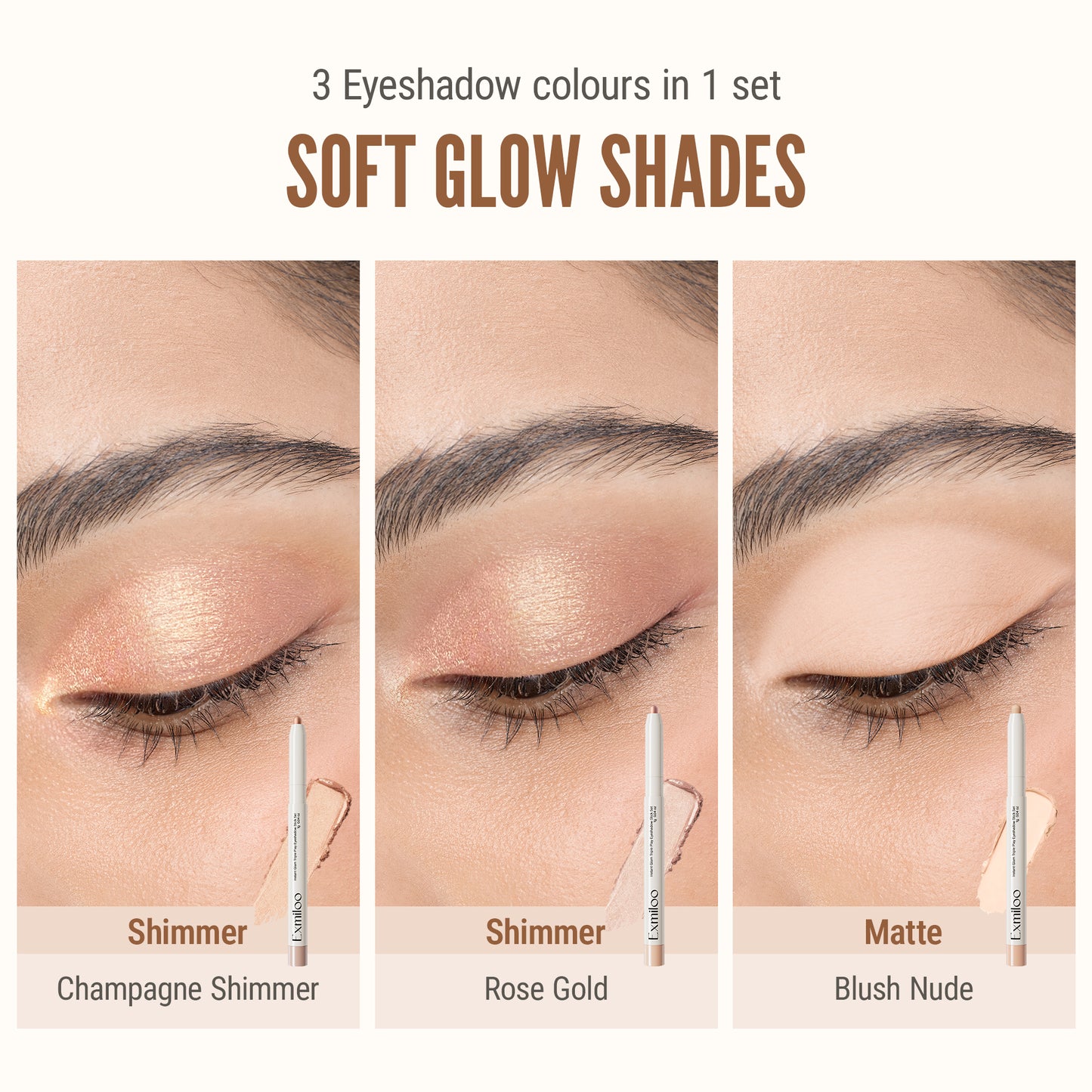 Exmiloo Cream Eyeshadow Stick Set, 3 Colors – Waterproof Long-Lasting Matte Shimmer Eye Shadow Sticks