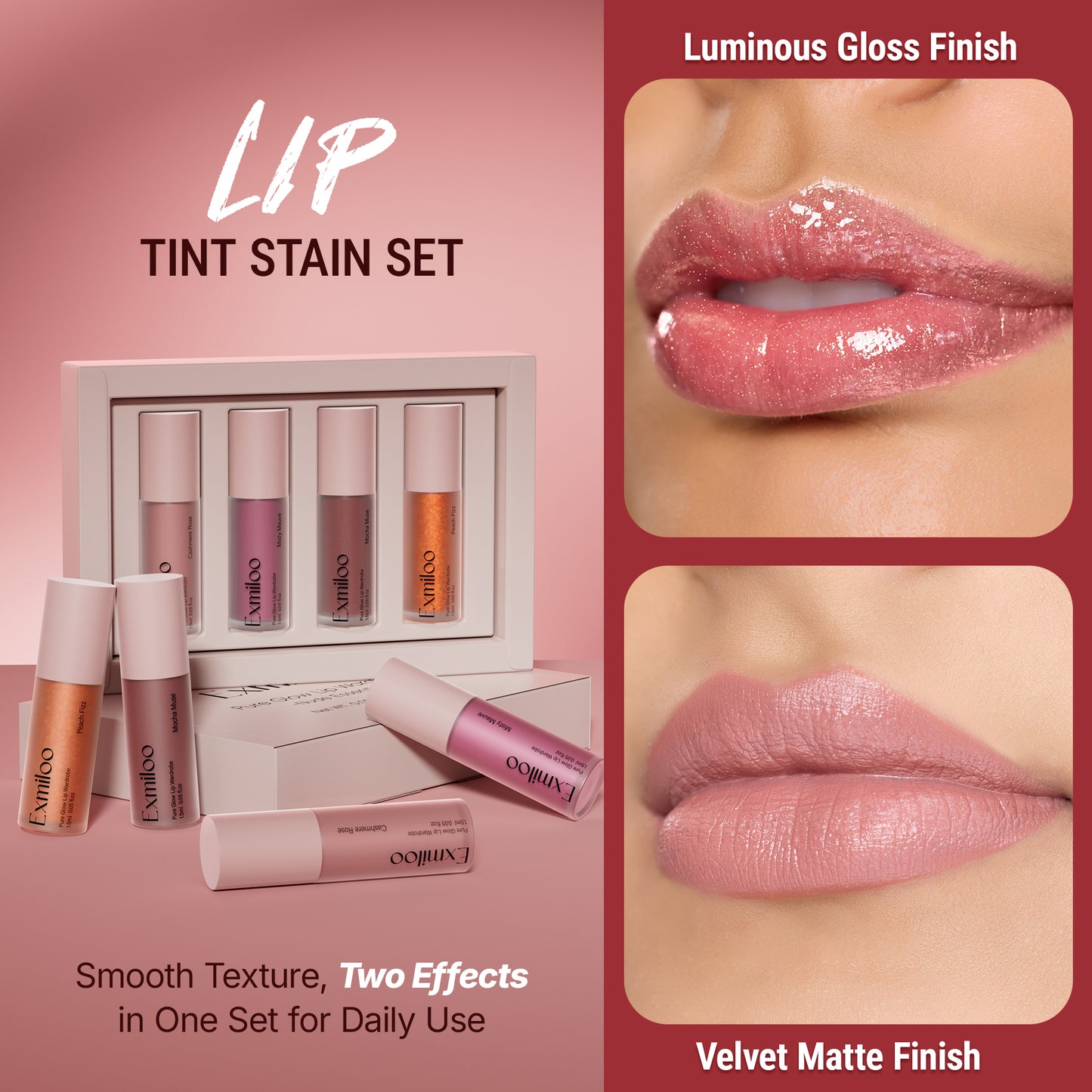 Exmiloo Mini Lip Tint Stain Set - 4 Colors Liquid Lip Stain Kit for Matte & Glossy Finish, Multi-use Lip and Cheek Tint Set, Vegan & Cruelty-Free