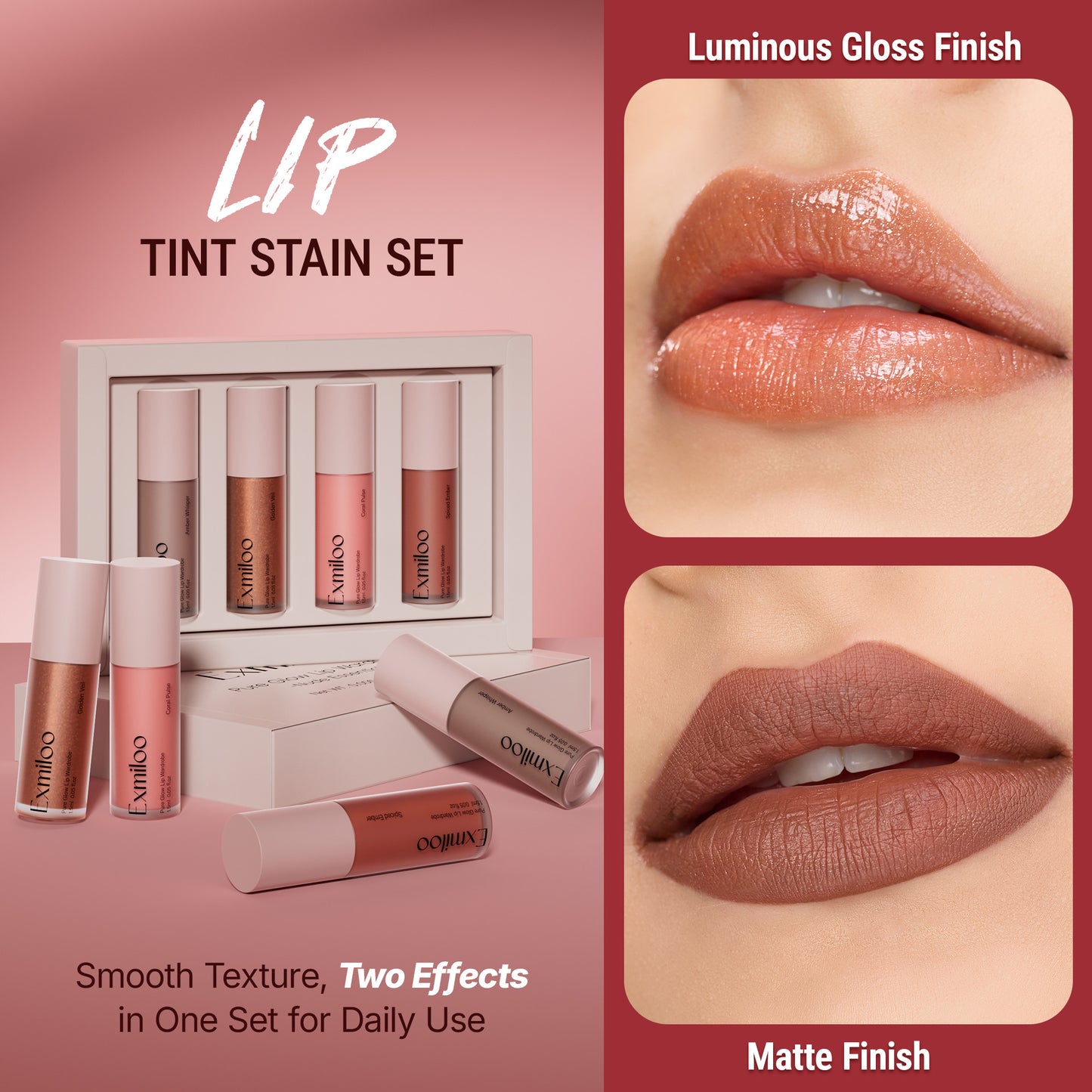 Exmiloo Mini Lip Tint Stain Set - 4 Colors Liquid Lip Stain Kit for Matte & Glossy Finish, Multi-use Lip and Cheek Tint Set, Vegan & Cruelty-Free