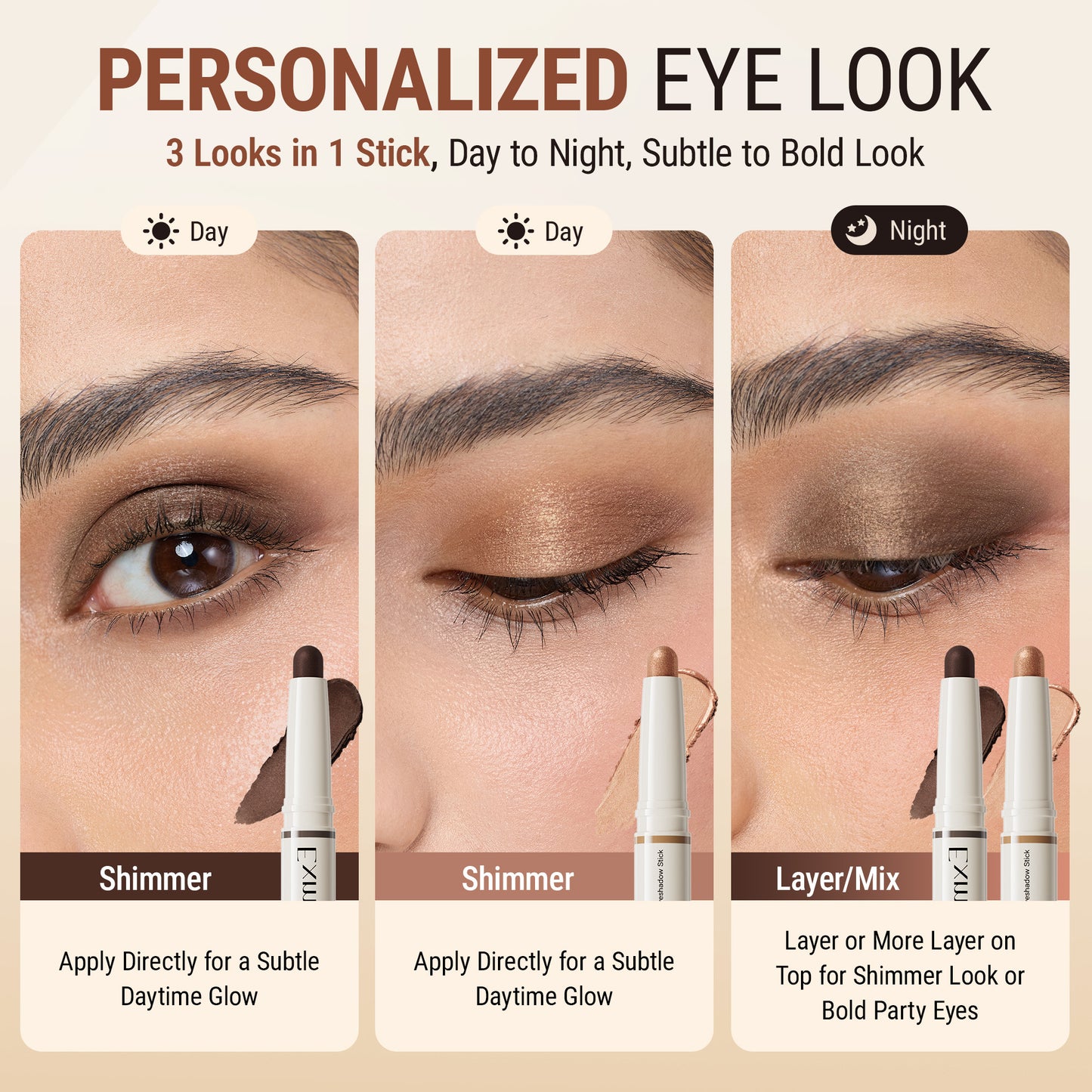 Exmiloo Eyeshadow Stick - 2-in-1 Dual-Ended Cream Eye Shadow Stick, Long-Lasting, Waterproof, Crease-Proof