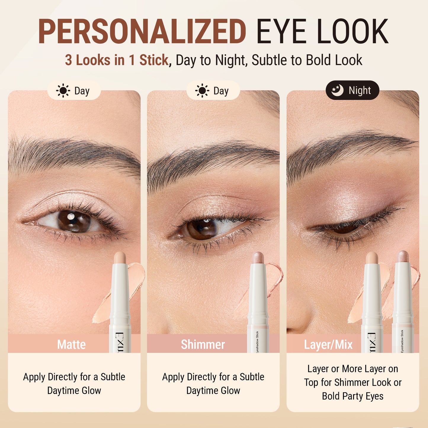 Exmiloo Eyeshadow Stick - 2-in-1 Dual-Ended Cream Eye Shadow Stick, Long-Lasting, Waterproof, Crease-Proof