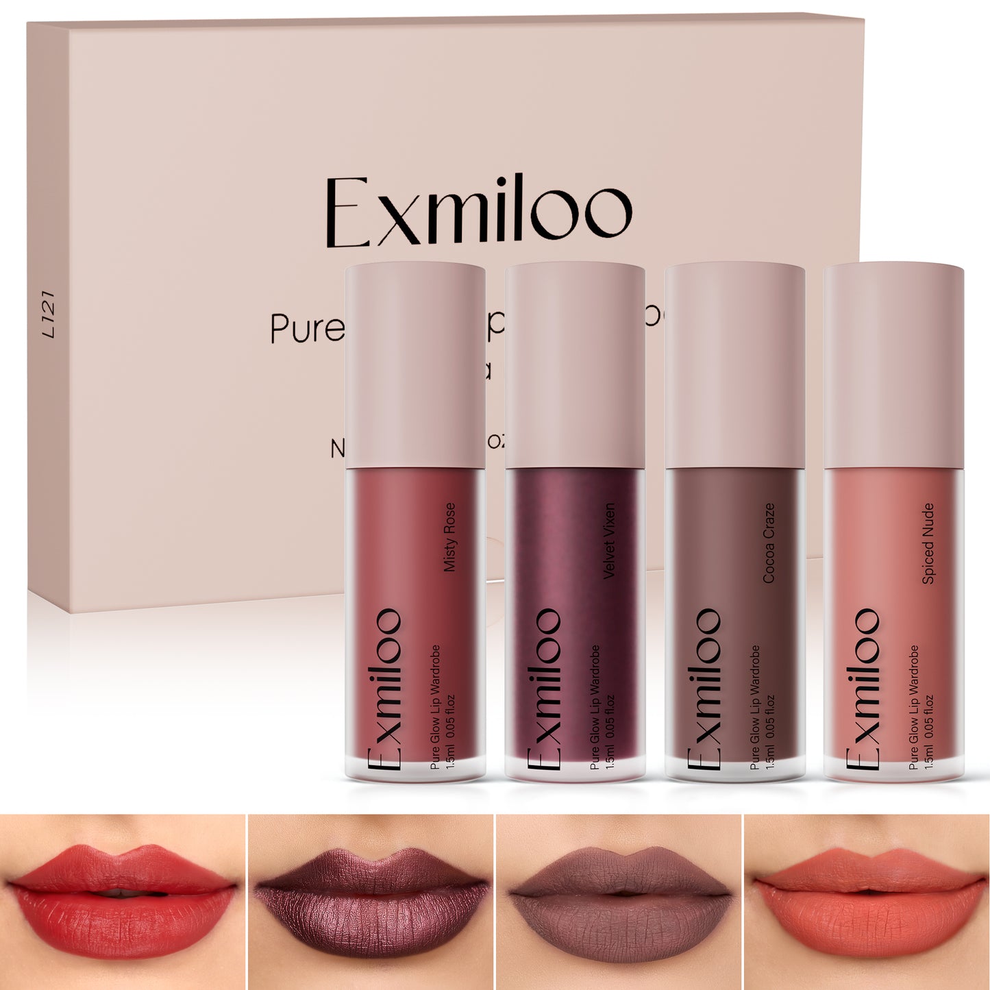 Exmiloo Mini Lip Tint Stain Set - 4 Colors Liquid Lip Stain Kit for Matte & Glossy Finish, Multi-use Lip and Cheek Tint Set, Vegan & Cruelty-Free