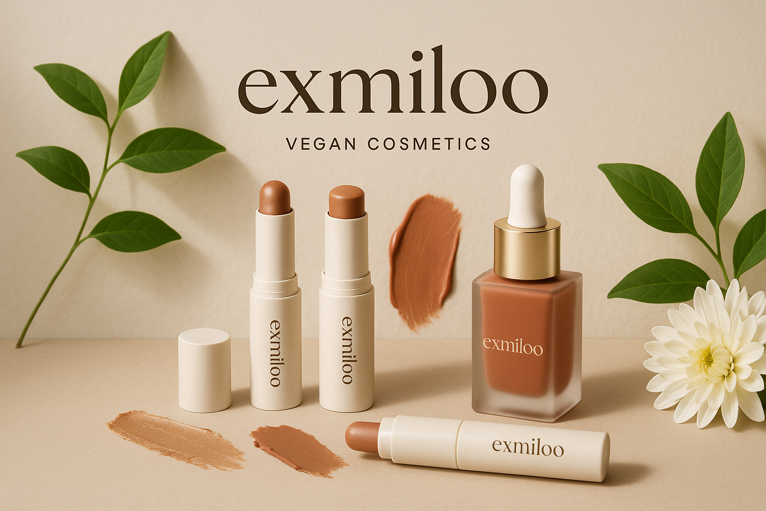 一个能突出纯素化妆品品牌的形象图，品牌是exmiloo,产品目前主要以眼影棒，修容棒，腮红液等为主